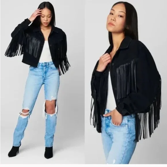 Blank NYC Jackets Coats Nwot Blank Nyc Battle Ship Fringe Black Jean Jacket Size Medium Poshmark